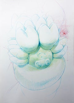 Gran dibujo botánico antropomórfico surrealista realizado con lápices de colores sobre papel