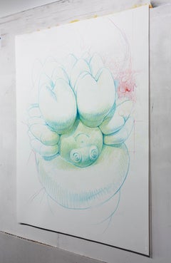 Gran dibujo botánico antropomórfico surrealista realizado con lápices de colores sobre papel
