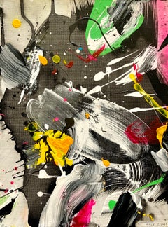 Pintura abstracta gestual en técnica mixta sobre lienzo en blanco, negro y neón, origen