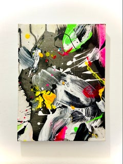 Pintura abstracta gestual en técnica mixta sobre lienzo en blanco, negro y neón, origen
