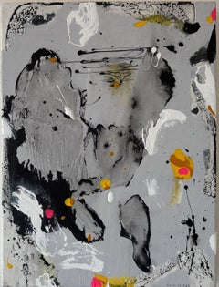 Pintura abstracta gestual en técnica mixta sobre lienzo, en tonos grises, negros y neón