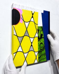 Kleines geometrisches abstraktes Gemälde in Gelb, Grün und Blau, Acryl auf Leinwand