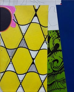 Kleines geometrisches abstraktes Gemälde in Gelb, Grün und Blau, Acryl auf Leinwand