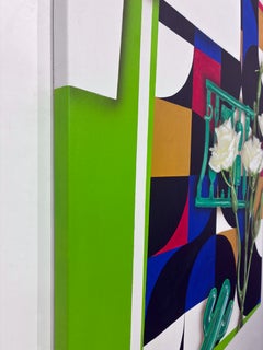 Geometric Botanical Still Life Painting with White Flowers and Green Objects