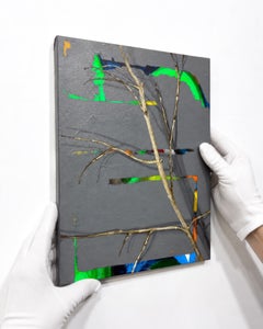 Kleines abstraktes botanisches Gemälde in Grau und Neonfarben, Acryl und Öl auf Leinwand