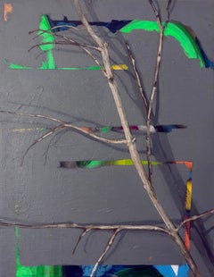 Kleines abstraktes botanisches Gemälde in Grau und Neonfarben, Acryl und Öl auf Leinwand