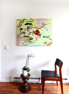 Surreal White Deer and Red Anthurium Oil and Acrylic Painting on Canvas
