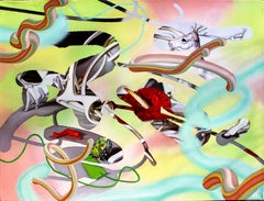 Surreales Gemälde mit weißem Hirsch und rotem Anthurium – Öl- und Acrylmalerei auf Leinwand