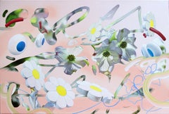 Grafisches Stillleben mit weißen Hartriegelblüten – Öl- und Acrylgemälde auf Leinwand