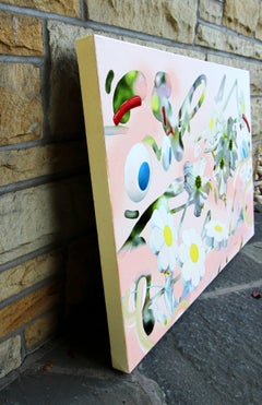 Grafisches Stillleben mit weißen Hartriegelblüten – Öl- und Acrylgemälde auf Leinwand