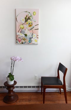 Surreal White Dogwood Floral Still Life with Emoji, Oil and Acrylic on Canvas
