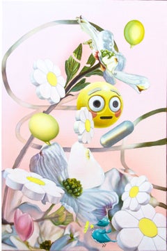 Surreal White Dogwood Floral Still Life with Emoji, Oil and Acrylic on Canvas