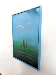 Sculptural Blue Green Cypress Landscape Painting on Folded Paper and Framed MDF