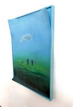 Skulpturale, surreale Männer und eine Landschaft mit Schweinen – Gemälde auf gefaltetem Papier und gerahmtem MDF