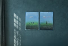 Blue Green Surreal Folded Paper Landscape Diptych with Cypress Trees and Figures