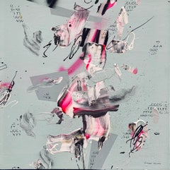 Gray Pink Gestural Abstract Mixed Media Painting with Typography on Wood Panel