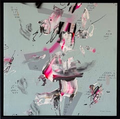 Peinture abstraite gestuelle gris-rose, technique mixte, avec typographie, sur panneau de bois