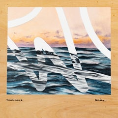 Onde blu dell'oceano e tramonto rosa: dipinto a olio in stile surrealista e geometrico su tavola di legno