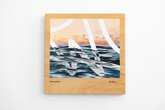 Blue Ocean Waves and Pink Sunset Surrealist Geometric Oil Painting on Wood Panel