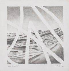 Disegno a grafite in bianco e nero raffigurante onde oceaniche su carta incollata su pannello di legno