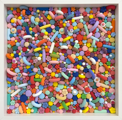 Colorful Abstract Candy Wall Sculpture, Clay on Panel, White Frame, 2026