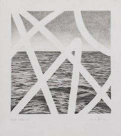 Disegno a grafite in bianco e nero raffigurante onde oceaniche con linee geometriche bianche