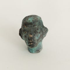 Pocket-Sized Verdigris Bronze Upward-Gazing Figurative Head Sculpture