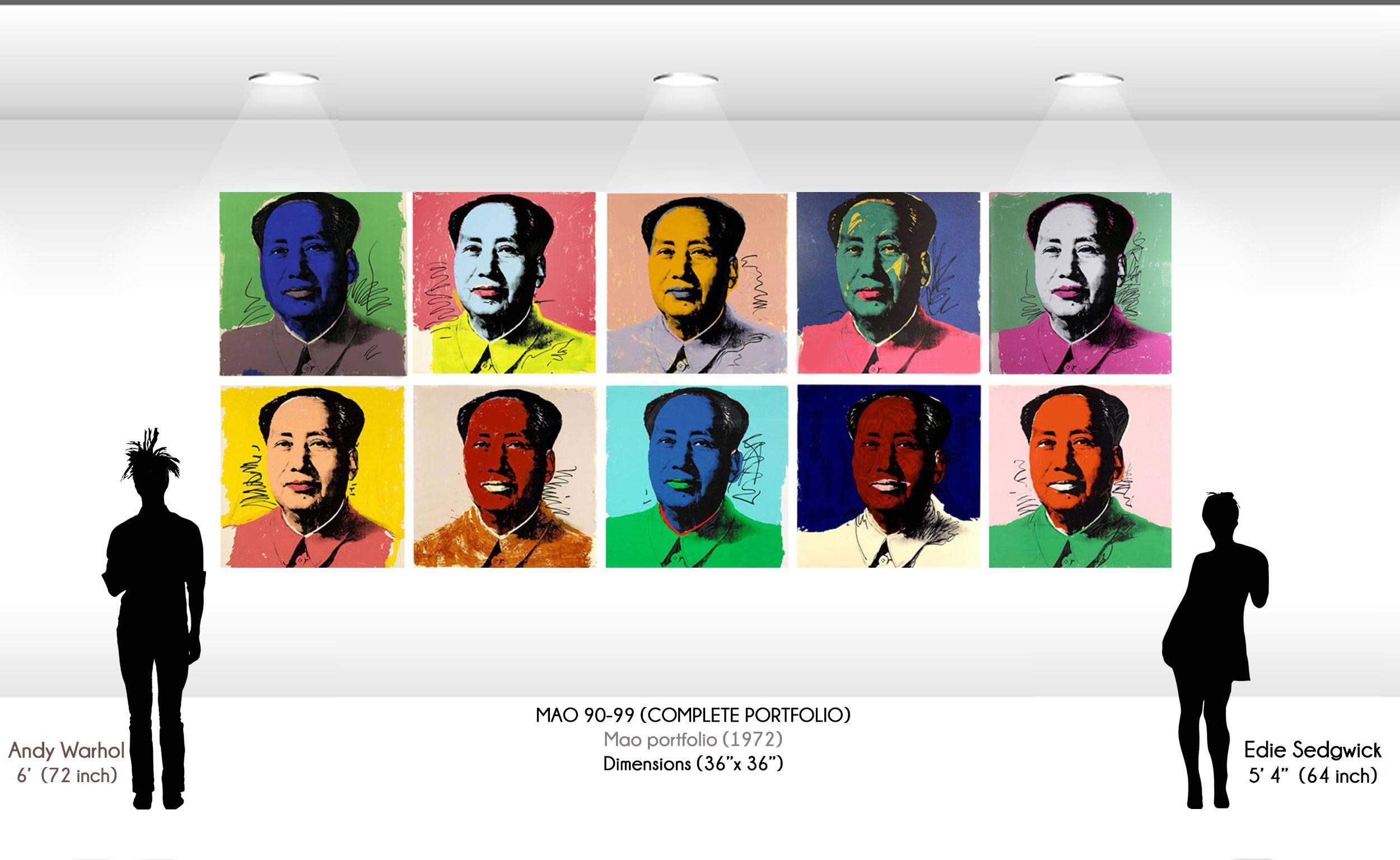 Title: Mao Complete Portfolio
Medium: Screenprint on Beckett High White Paper.
Year: 1972
Size: 36″ x 36″
Details: Edition of 250 signed in ball-point pen and numbered with a rubber stamp on verso. There are 50 AP singed and numbered in pencil