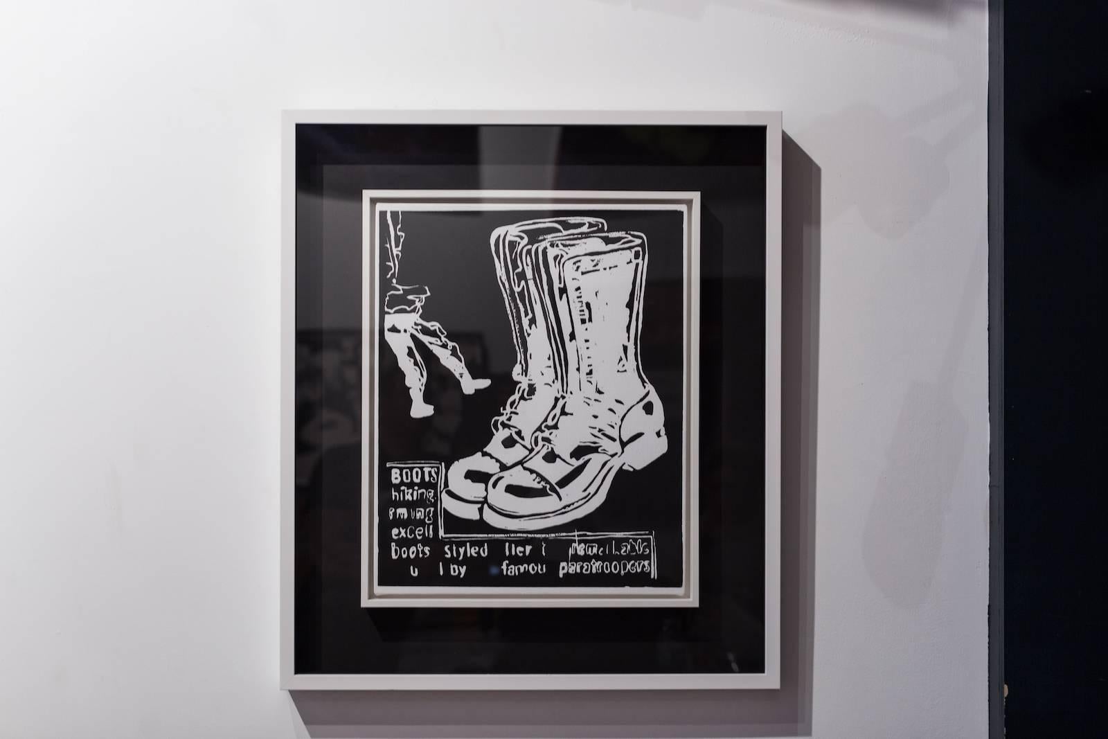 Title: Paratrooper Boots (Negative)
Medium: Synthetic Polymer and Silkscreen Ink on Canvas
Year: 1985/1986
Size: 20” x 16″
Details: Stamped by the Andy Warhol Foundation for the Visual Arts, Inc., further stamped twice by the Estate of Andy