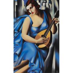 Vintage Femme Bleue a la Guitare