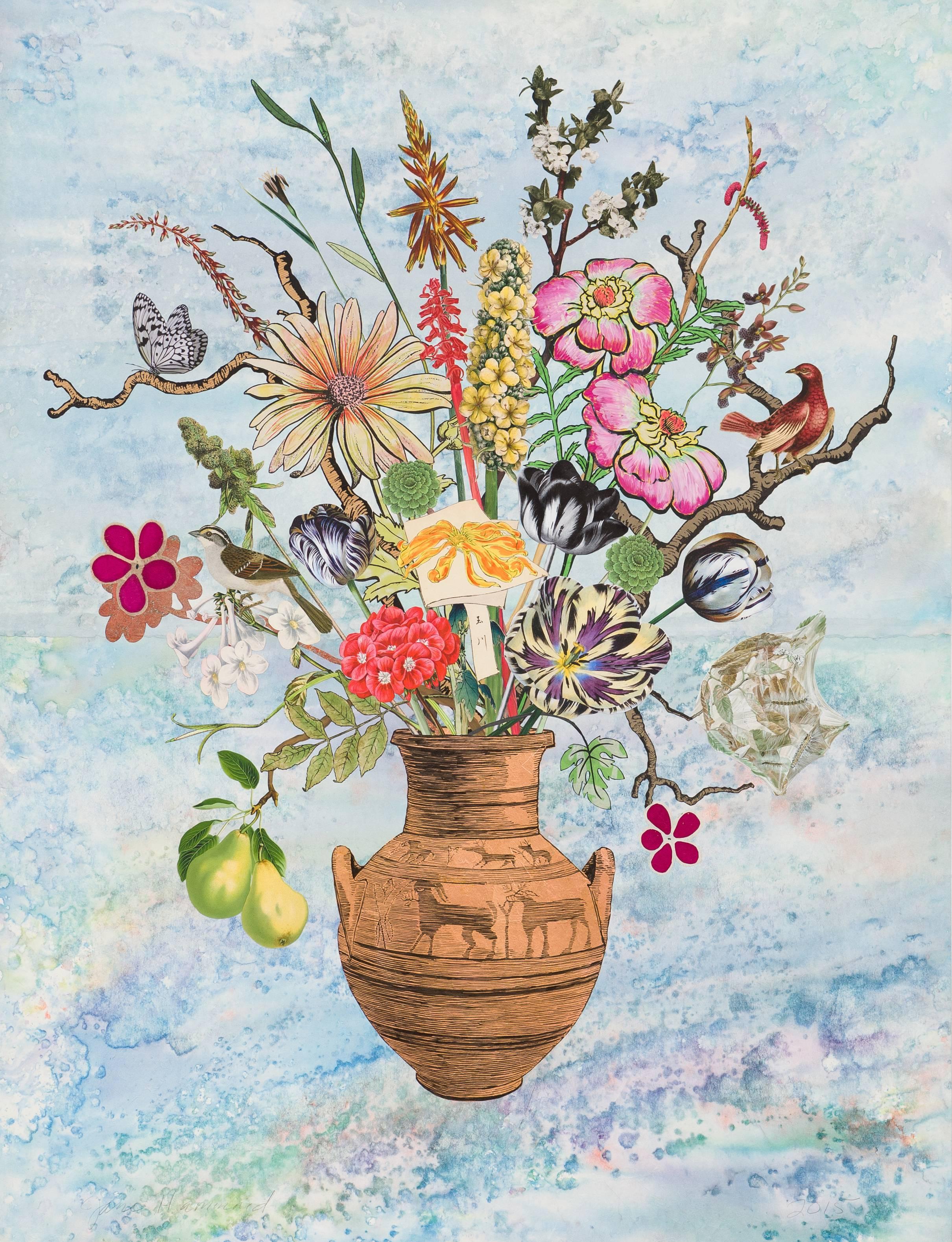 Jane Hammond Still-Life Print - Phoenician Vase with Chrysanthemum, Nicotiana, and Pears