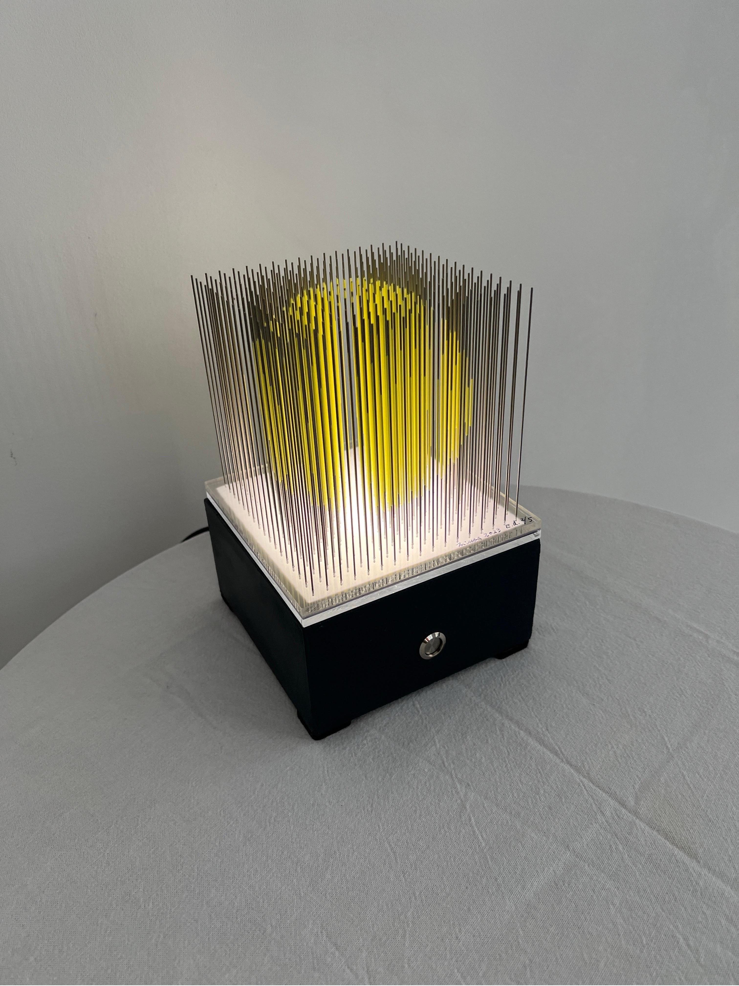 Small yellow kinetic sphere op art, optical art - Op Art Sculpture by YOSHIYUKI MIURA