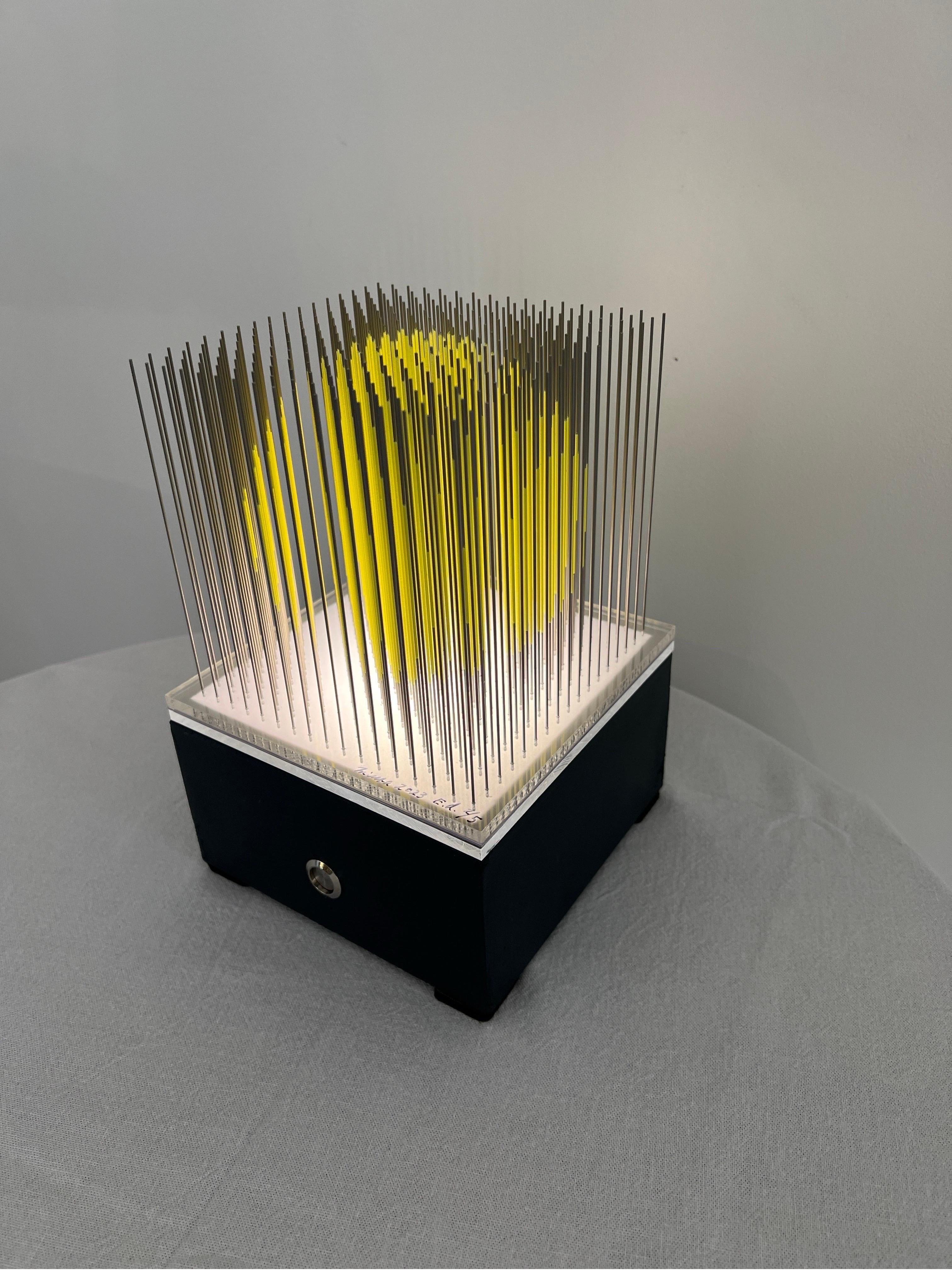 Acrylic on stainless steel needles, entirely hand done, on led pedestal (not included).
Yoshiyuki Miura is a kinetic art (op art) Master, highly collectable. This piece is light by a LED pedestal, which is optional. The overall dimensions are 22,5