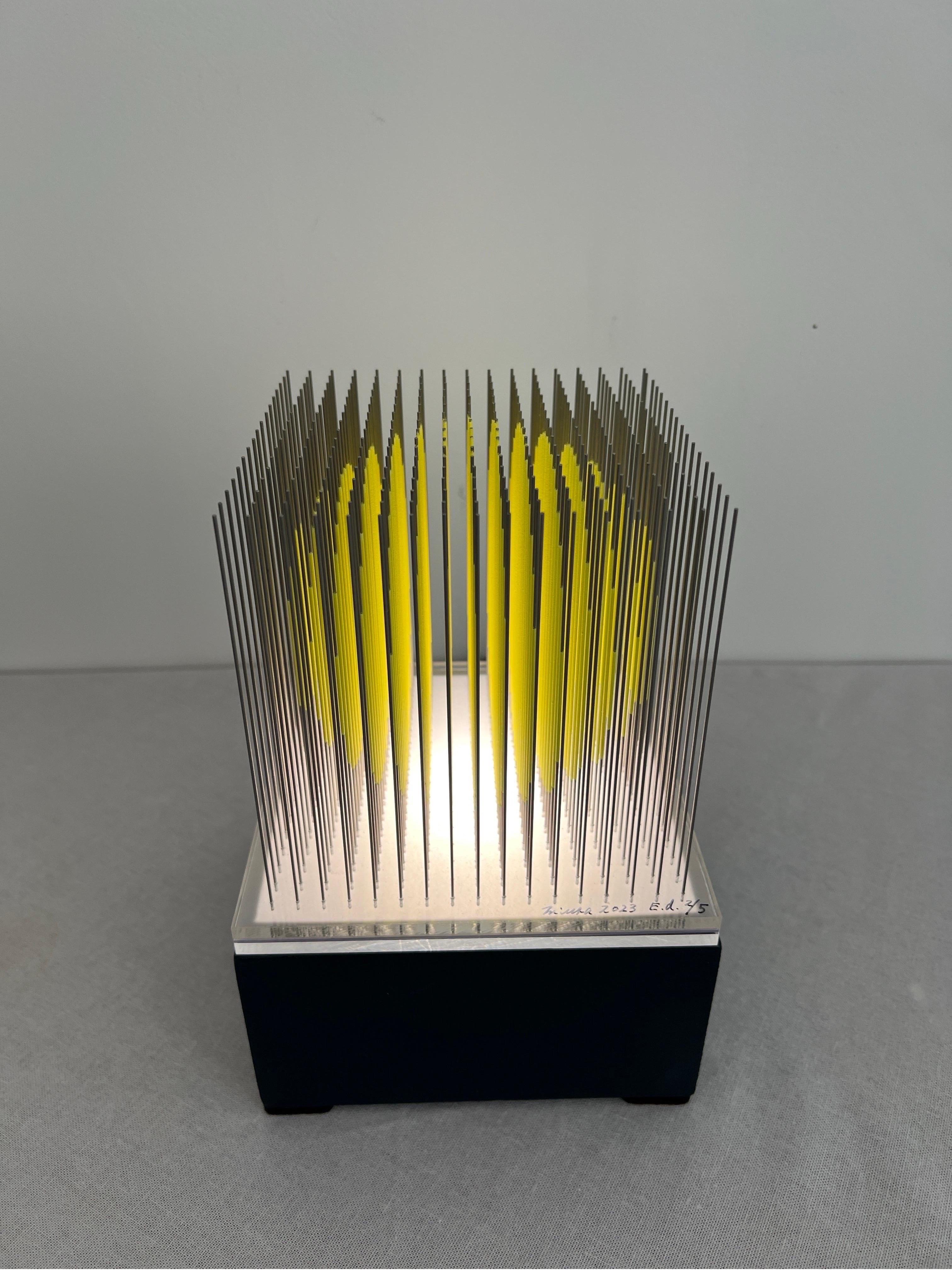 YOSHIYUKI MIURA Abstract Sculpture - Small yellow kinetic sphere op art, optical art