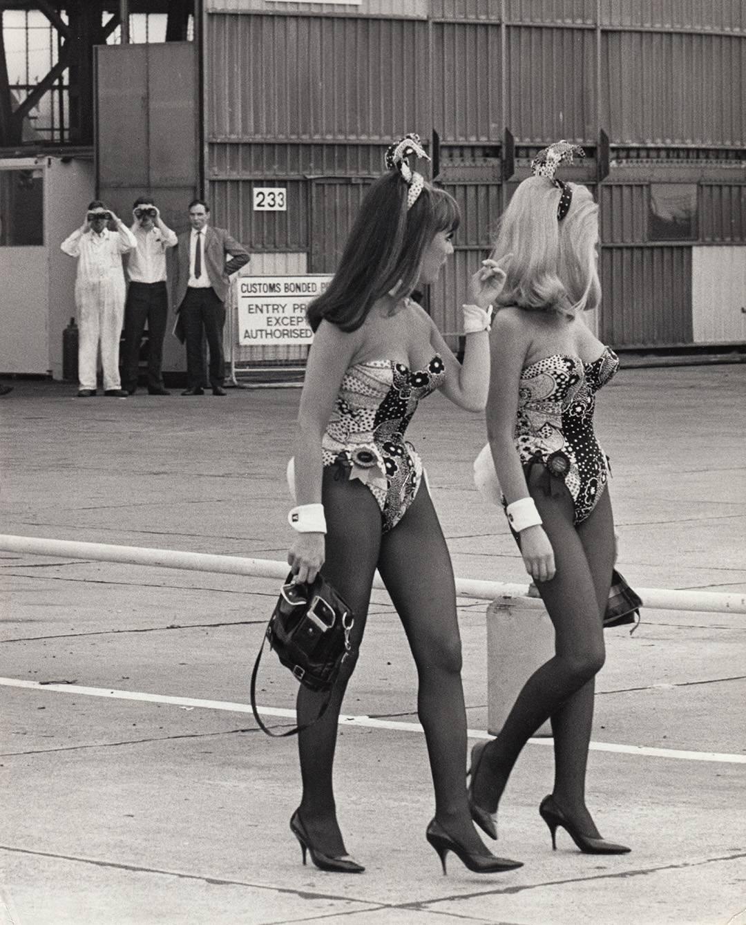 Unknown Black and White Photograph - Playboy bunnies upon arrival at Heathrow, London, 1970 Original press print