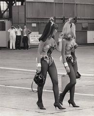 Retro Playboy bunnies upon arrival at Heathrow, London, 1970 Original press print
