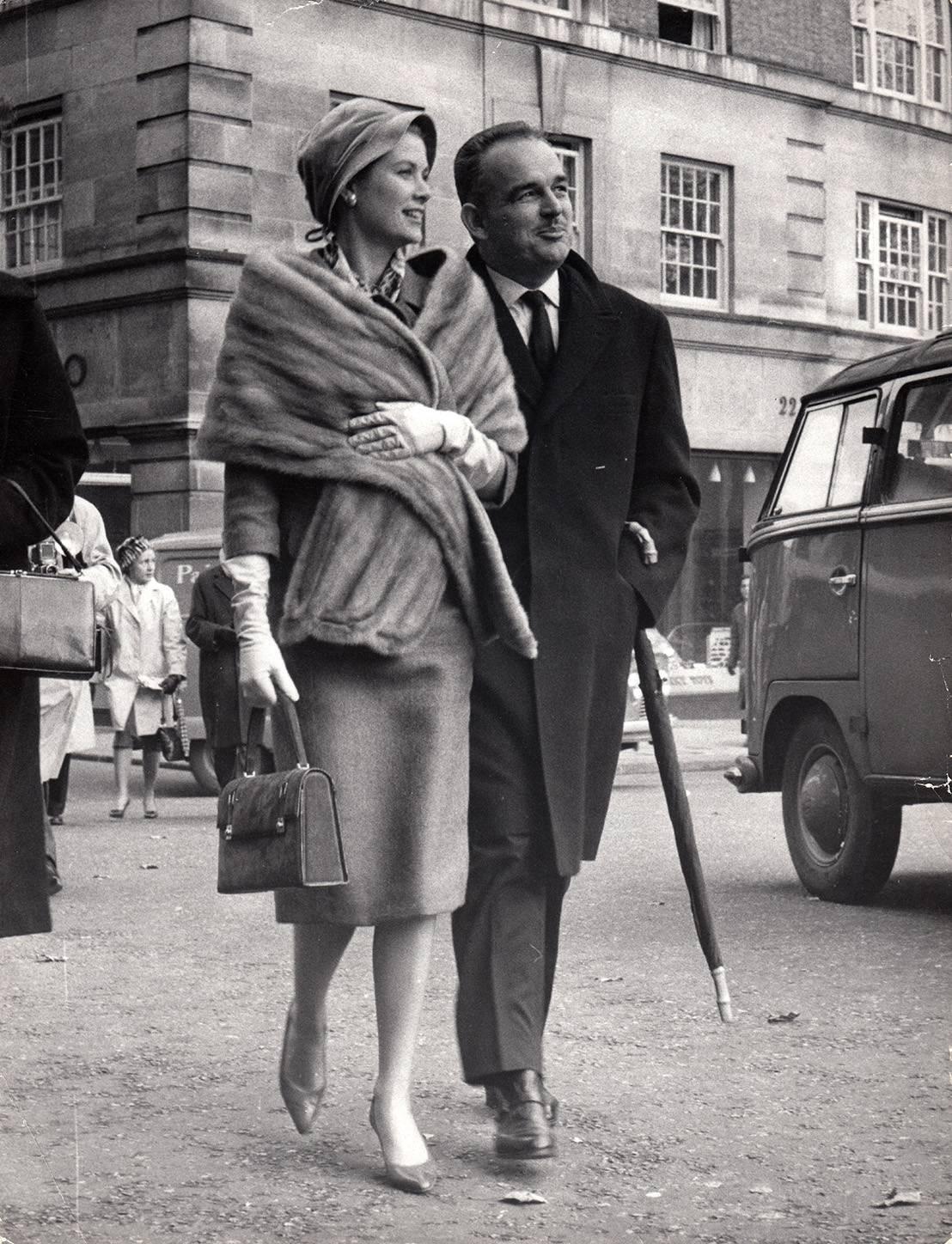 Unknown Black and White Photograph - Grace Kelly & Prince Rainier III, London, 1959 Original press print