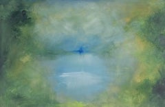 Arcadia - Peinture abstraite représentant un paysage éthéré et verdoyant, empreinte d'une atmosphère particulière