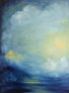 "She's Walking Through the Clouds" - Dipinto astratto con un cielo blu vivace e un paesaggio marino