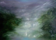 Diana – Strahlendes abstraktes Landschafts- und Himmelsgemälde in Grün und Violett