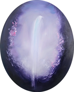 Ametista - quadro ovale con paesaggio astratto viola e bianco, originale firmato