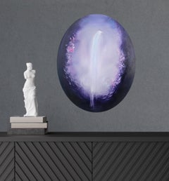 Ametista - quadro ovale con paesaggio astratto viola e bianco, originale firmato