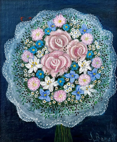 Art Naïf Jacqueline BENOIT (1925-2012), still life, flowers bridal bouquet