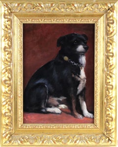Pintura al óleo antigua francesa del siglo XIX con motivos de animales: «Retrato de un perro con collar»