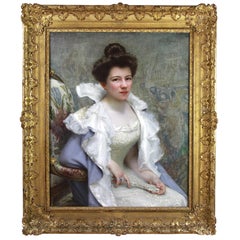 Jules Octave Triquet Signed French Belle Époque Lady with Fan Oil Painting