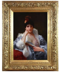 1890 Belgian Antique Portrait Oil Painting by P. Fehdmer, Woman with Fan, Framed