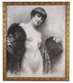 20th-Century Italian Nude Figurative Drawing, Woman with Cigarette, Framed