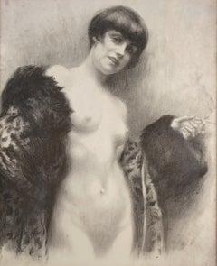 20th-Century Italian Nude Figurative Drawing, Woman with Cigarette, Framed