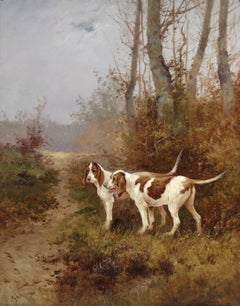 Émile Godchaux Animal Painting, Hunting Dogs in a Landscape, c. 1925, Not framed