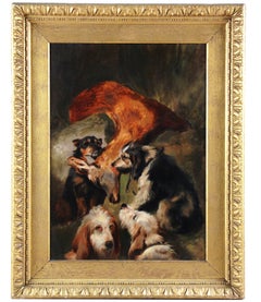Antikes Tierölgemälde aus dem 19. Jahrhundert nach Landseer, Jagdhunde, gerahmt